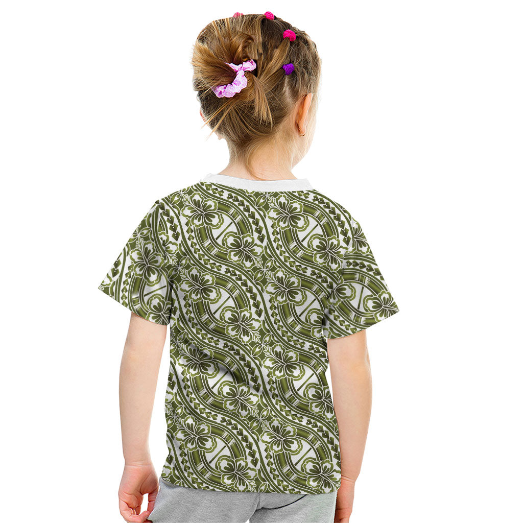 Hibiscus Bloom Island Tribal Waves Kid T Shirt Olive Green Polynesian Pattern