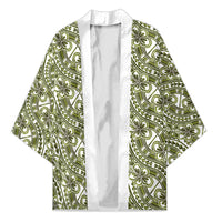 Hibiscus Bloom Island Tribal Waves Kimono Olive Green Polynesian Pattern