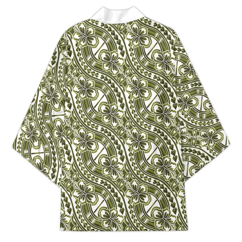 Hibiscus Bloom Island Tribal Waves Kimono Olive Green Polynesian Pattern