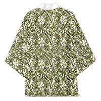 Hibiscus Bloom Island Tribal Waves Kimono Olive Green Polynesian Pattern
