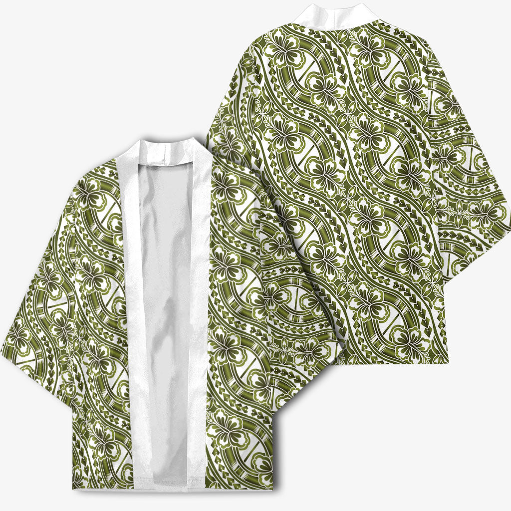 Hibiscus Bloom Island Tribal Waves Kimono Olive Green Polynesian Pattern