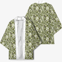 Hibiscus Bloom Island Tribal Waves Kimono Olive Green Polynesian Pattern