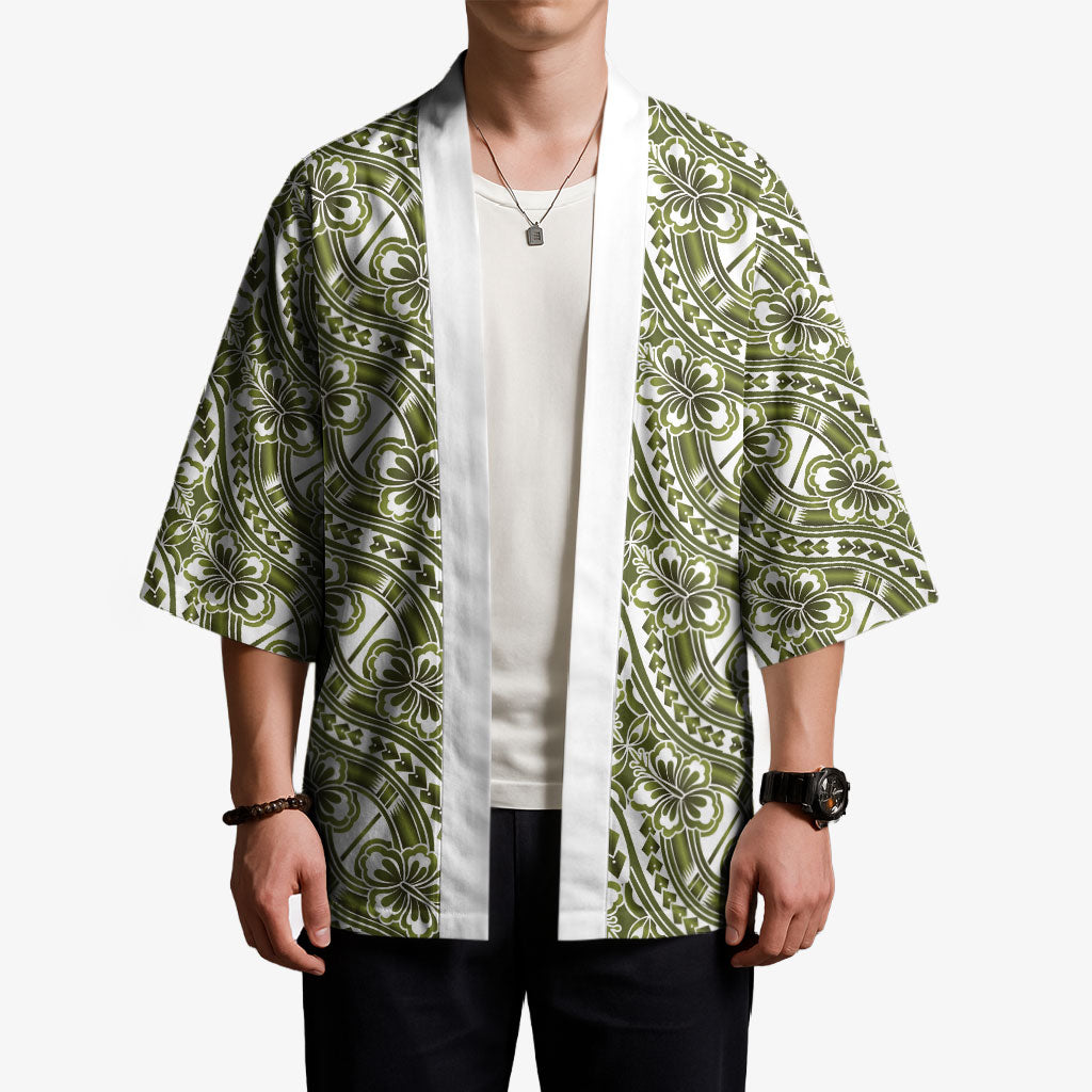 Hibiscus Bloom Island Tribal Waves Kimono Olive Green Polynesian Pattern