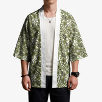 Hibiscus Bloom Island Tribal Waves Kimono Olive Green Polynesian Pattern