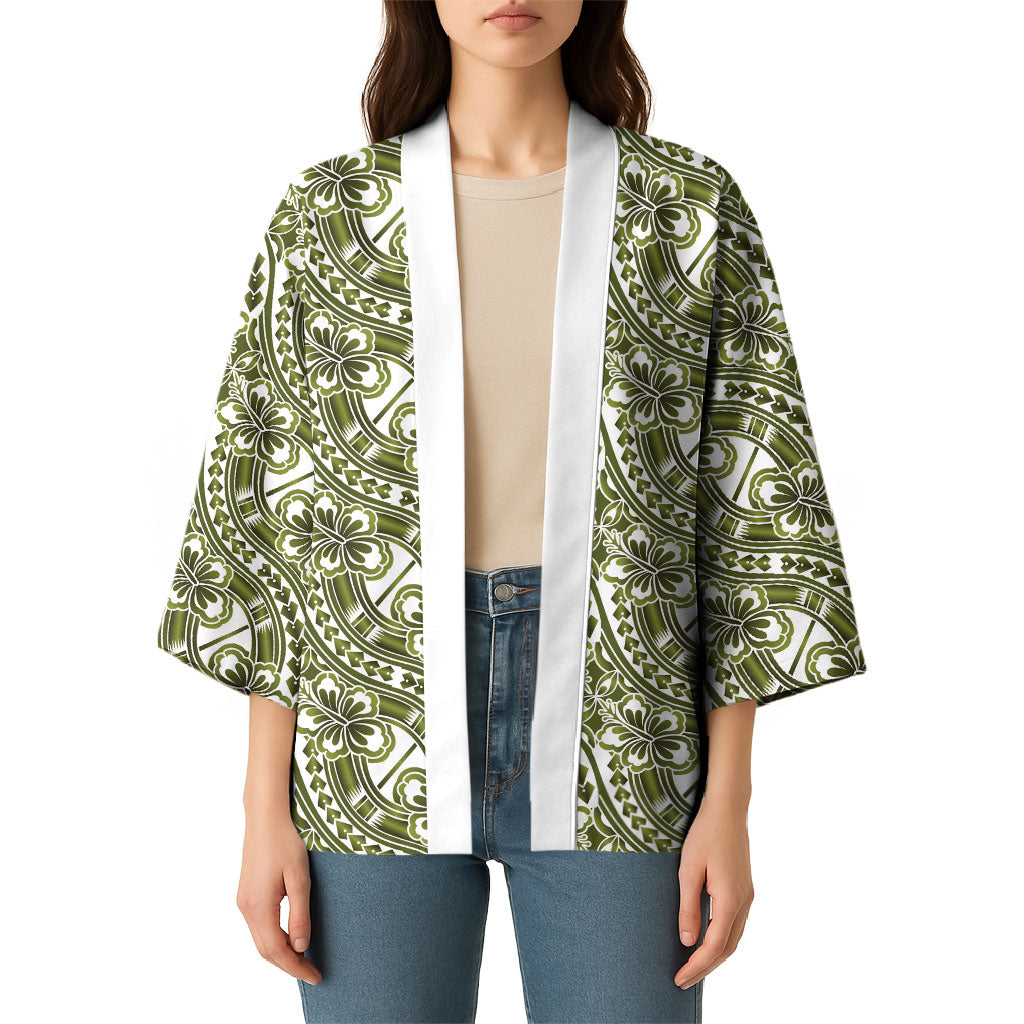 Hibiscus Bloom Island Tribal Waves Kimono Olive Green Polynesian Pattern