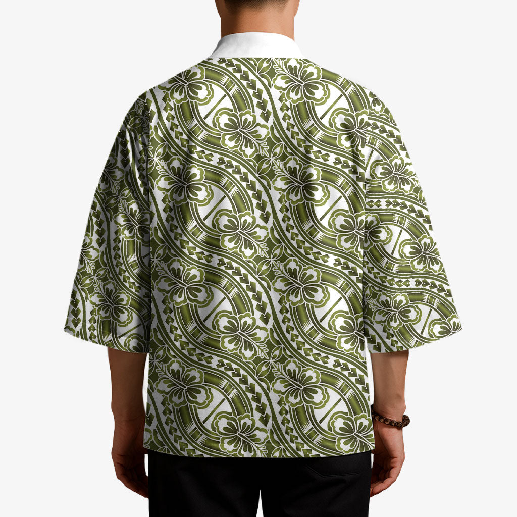 Hibiscus Bloom Island Tribal Waves Kimono Olive Green Polynesian Pattern