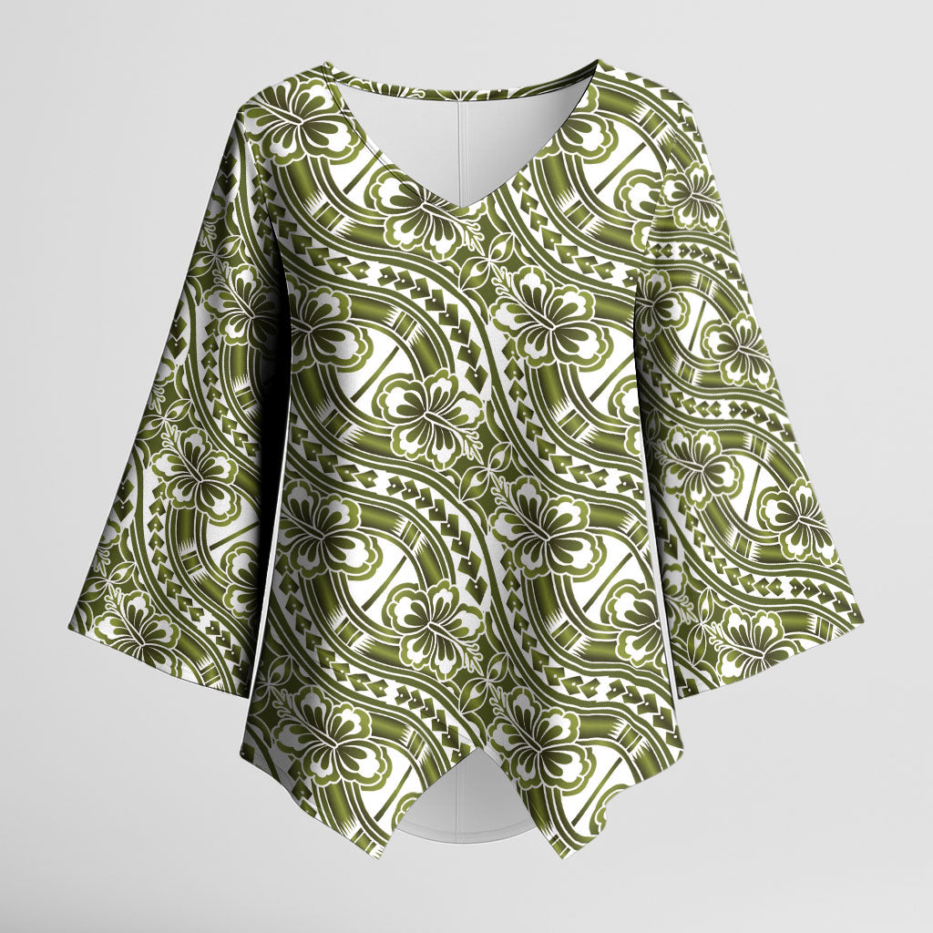 Hibiscus Bloom Island Tribal Waves Kimono Sleeve Blouse Olive Green Polynesian Pattern