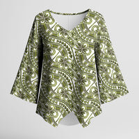 Hibiscus Bloom Island Tribal Waves Kimono Sleeve Blouse Olive Green Polynesian Pattern