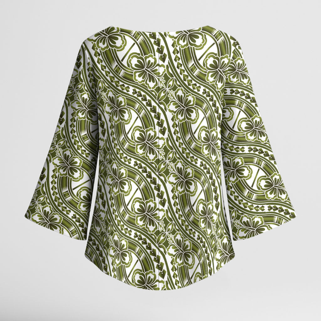 Hibiscus Bloom Island Tribal Waves Kimono Sleeve Blouse Olive Green Polynesian Pattern