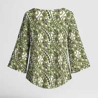 Hibiscus Bloom Island Tribal Waves Kimono Sleeve Blouse Olive Green Polynesian Pattern