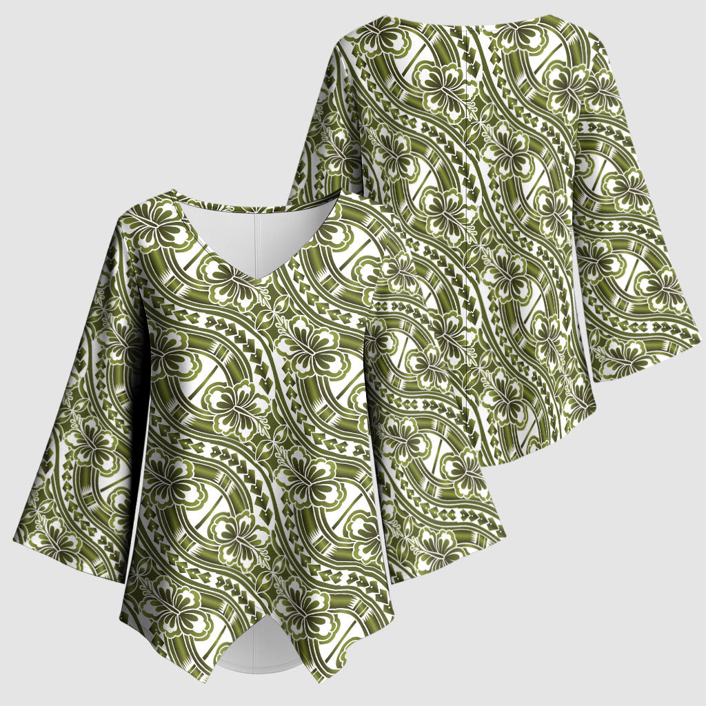 Hibiscus Bloom Island Tribal Waves Kimono Sleeve Blouse Olive Green Polynesian Pattern