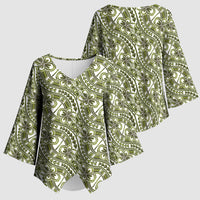 Hibiscus Bloom Island Tribal Waves Kimono Sleeve Blouse Olive Green Polynesian Pattern
