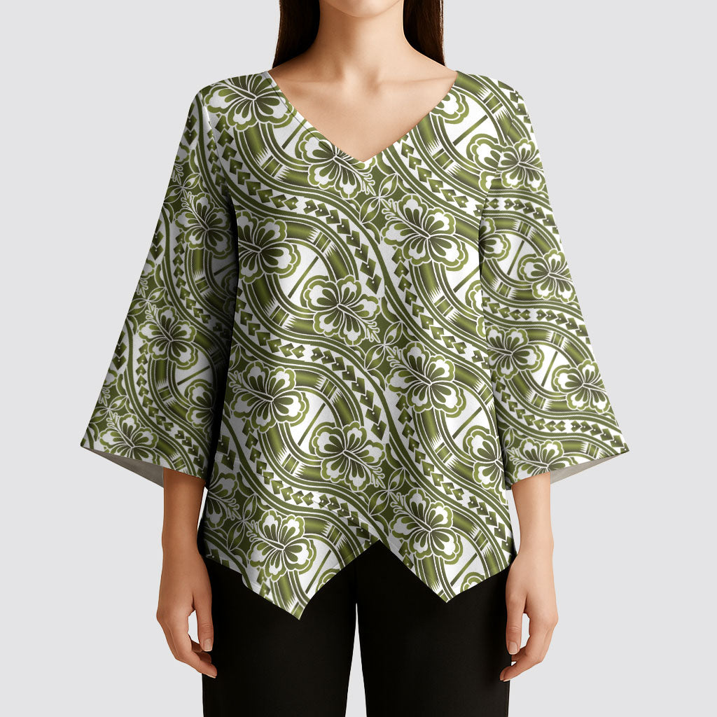 Hibiscus Bloom Island Tribal Waves Kimono Sleeve Blouse Olive Green Polynesian Pattern