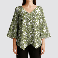 Hibiscus Bloom Island Tribal Waves Kimono Sleeve Blouse Olive Green Polynesian Pattern