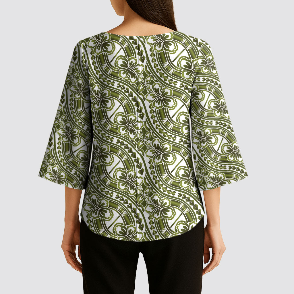 Hibiscus Bloom Island Tribal Waves Kimono Sleeve Blouse Olive Green Polynesian Pattern