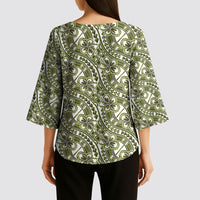 Hibiscus Bloom Island Tribal Waves Kimono Sleeve Blouse Olive Green Polynesian Pattern