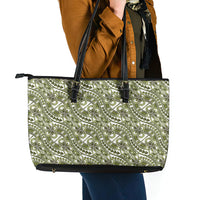 Hibiscus Bloom Island Tribal Waves Leather Tote Bag Olive Green Polynesian Pattern