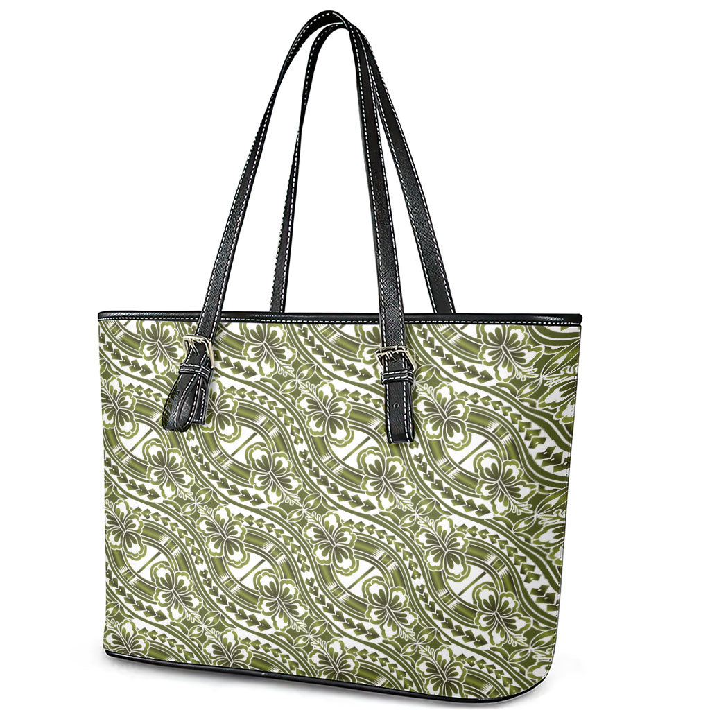 Hibiscus Bloom Island Tribal Waves Leather Tote Bag Olive Green Polynesian Pattern