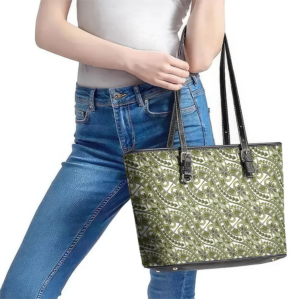 Hibiscus Bloom Island Tribal Waves Leather Tote Bag Olive Green Polynesian Pattern