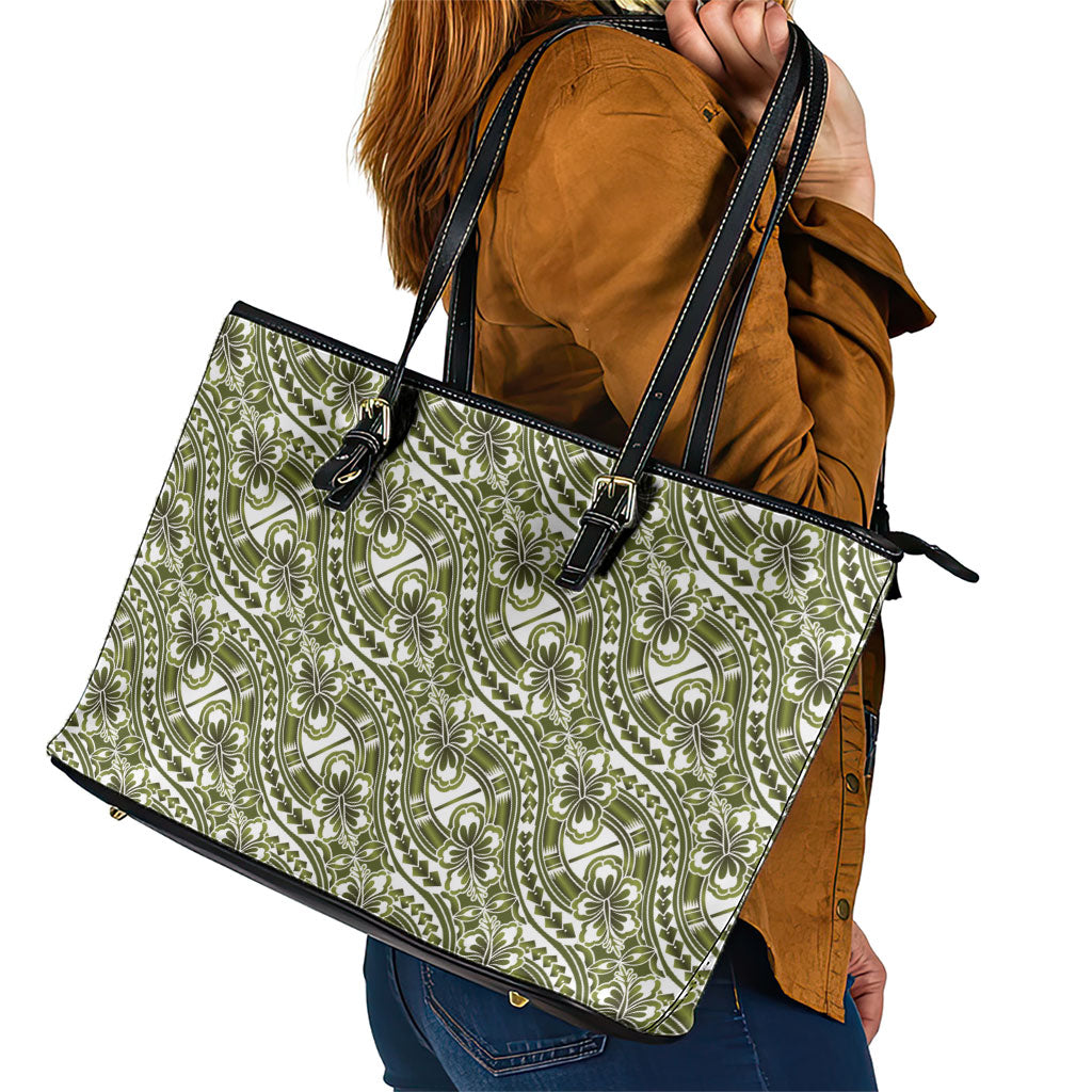 Hibiscus Bloom Island Tribal Waves Leather Tote Bag Olive Green Polynesian Pattern
