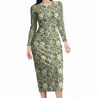 Hibiscus Bloom Island Tribal Waves Long Sleeve Bodycon Dress Olive Green Polynesian Pattern LT01 Long Dress Olive Green - Polynesian Pride