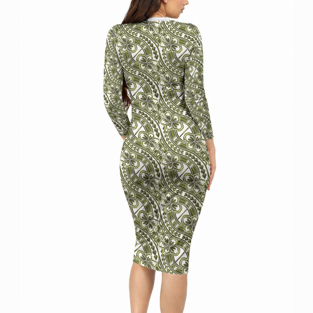 Hibiscus Bloom Island Tribal Waves Long Sleeve Bodycon Dress Olive Green Polynesian Pattern LT01 - Polynesian Pride