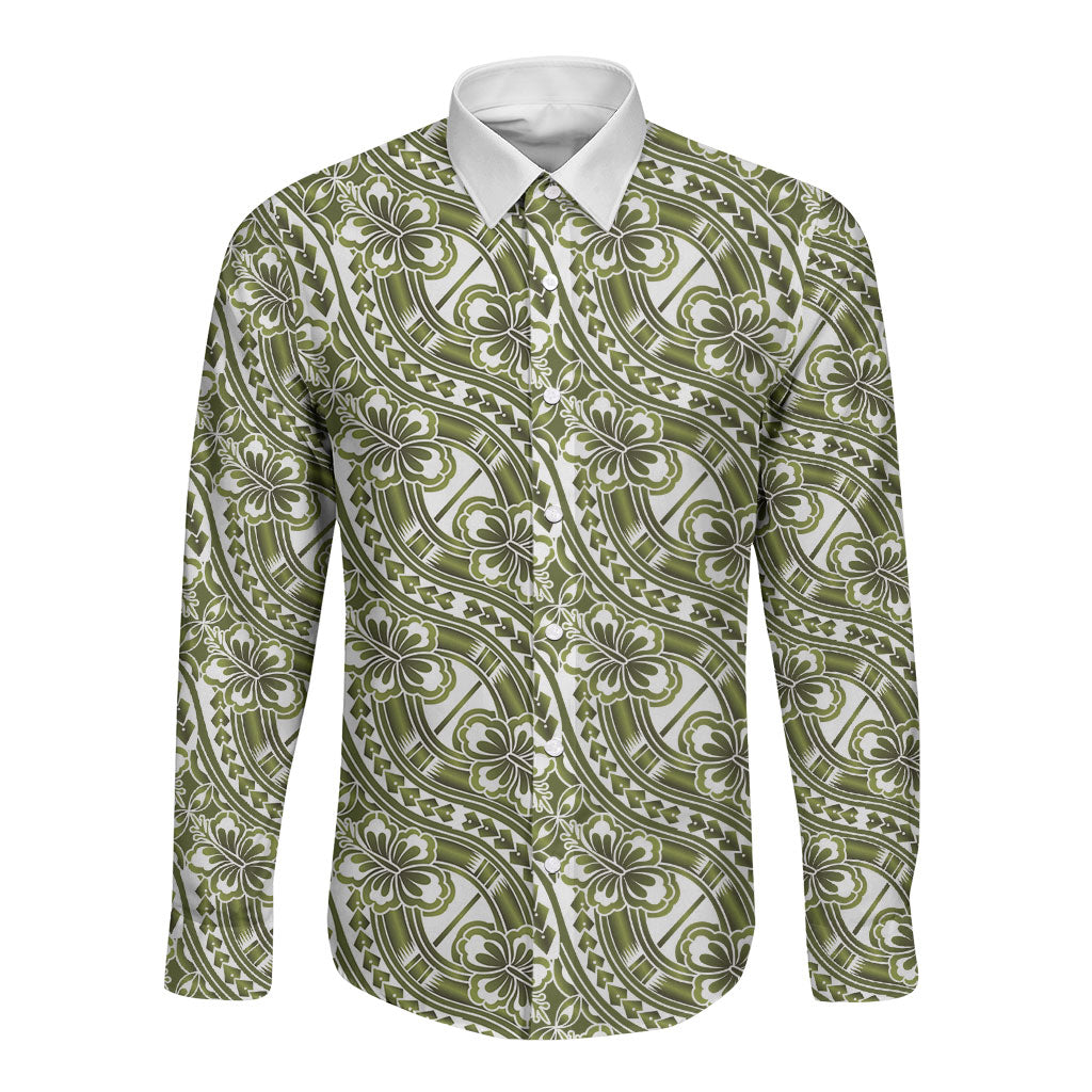 Hibiscus Bloom Island Tribal Waves Long Sleeve Button Shirt Olive Green Polynesian Pattern