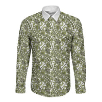 Hibiscus Bloom Island Tribal Waves Long Sleeve Button Shirt Olive Green Polynesian Pattern