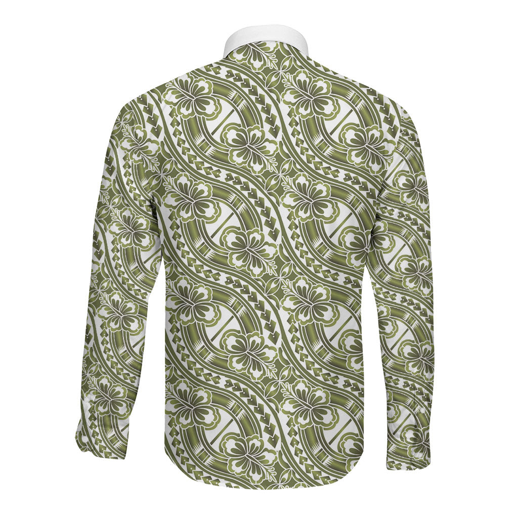 Hibiscus Bloom Island Tribal Waves Long Sleeve Button Shirt Olive Green Polynesian Pattern