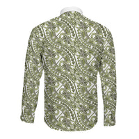 Hibiscus Bloom Island Tribal Waves Long Sleeve Button Shirt Olive Green Polynesian Pattern