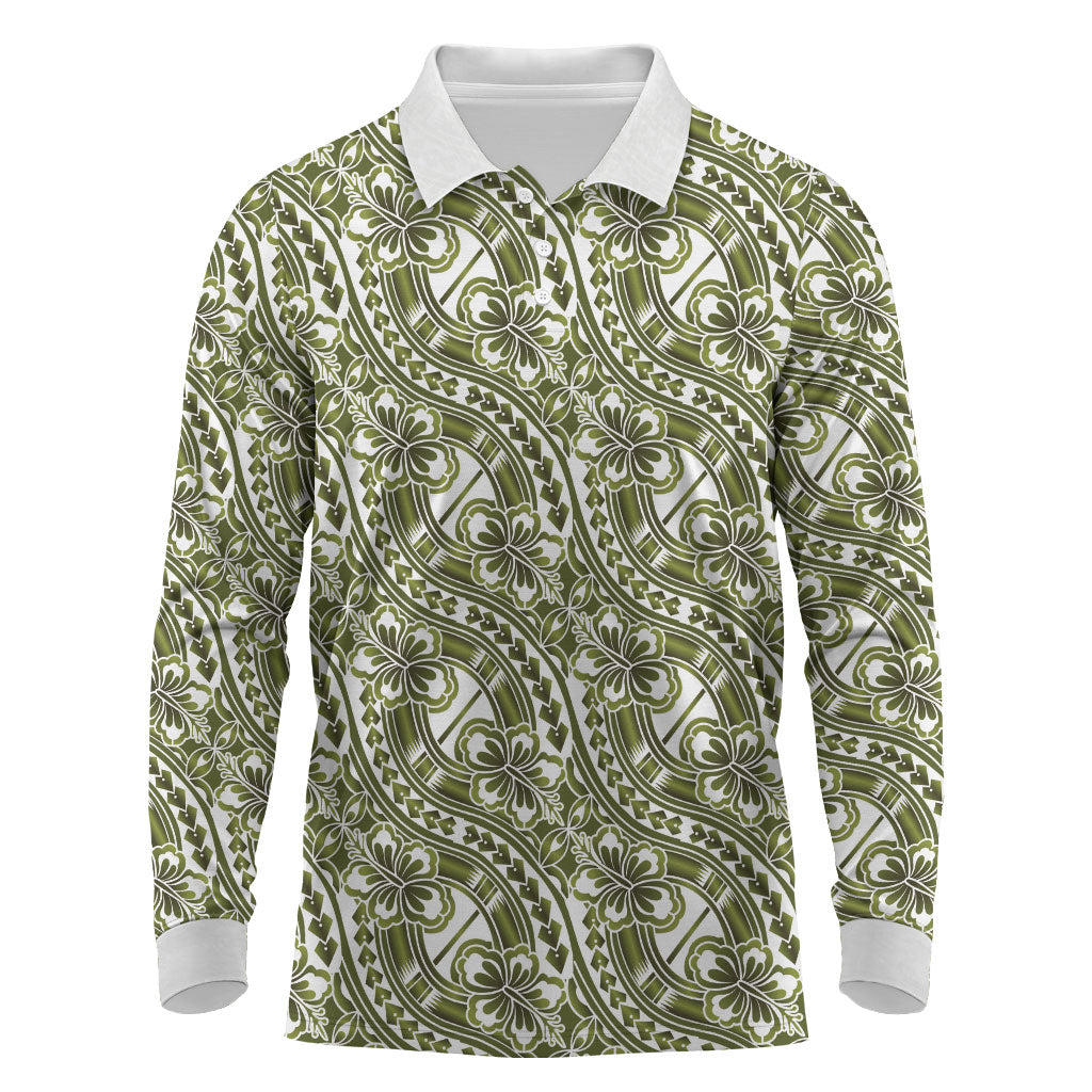 Hibiscus Bloom Island Tribal Waves Long Sleeve Polo Shirt Olive Green Polynesian Pattern