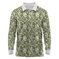 Hibiscus Bloom Island Tribal Waves Long Sleeve Polo Shirt Olive Green Polynesian Pattern