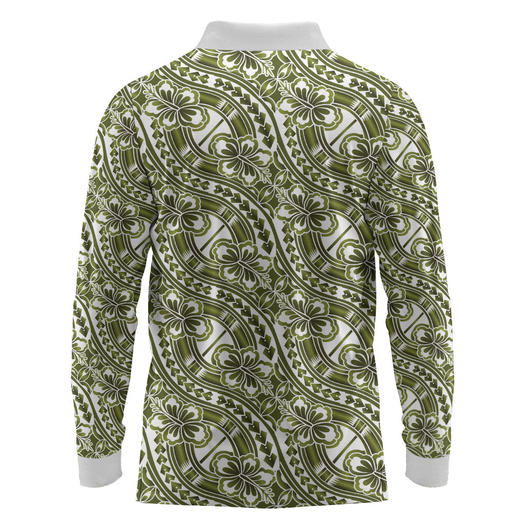 Hibiscus Bloom Island Tribal Waves Long Sleeve Polo Shirt Olive Green Polynesian Pattern