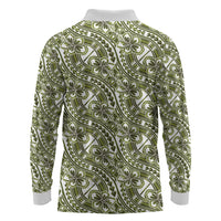 Hibiscus Bloom Island Tribal Waves Long Sleeve Polo Shirt Olive Green Polynesian Pattern