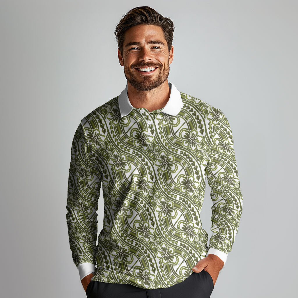 Hibiscus Bloom Island Tribal Waves Long Sleeve Polo Shirt Olive Green Polynesian Pattern
