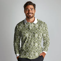 Hibiscus Bloom Island Tribal Waves Long Sleeve Polo Shirt Olive Green Polynesian Pattern