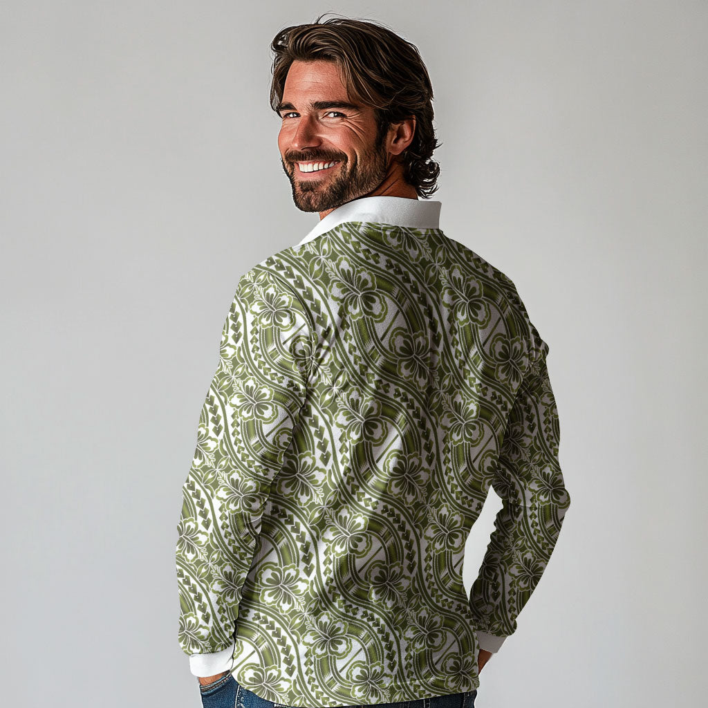 Hibiscus Bloom Island Tribal Waves Long Sleeve Polo Shirt Olive Green Polynesian Pattern