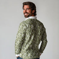 Hibiscus Bloom Island Tribal Waves Long Sleeve Polo Shirt Olive Green Polynesian Pattern