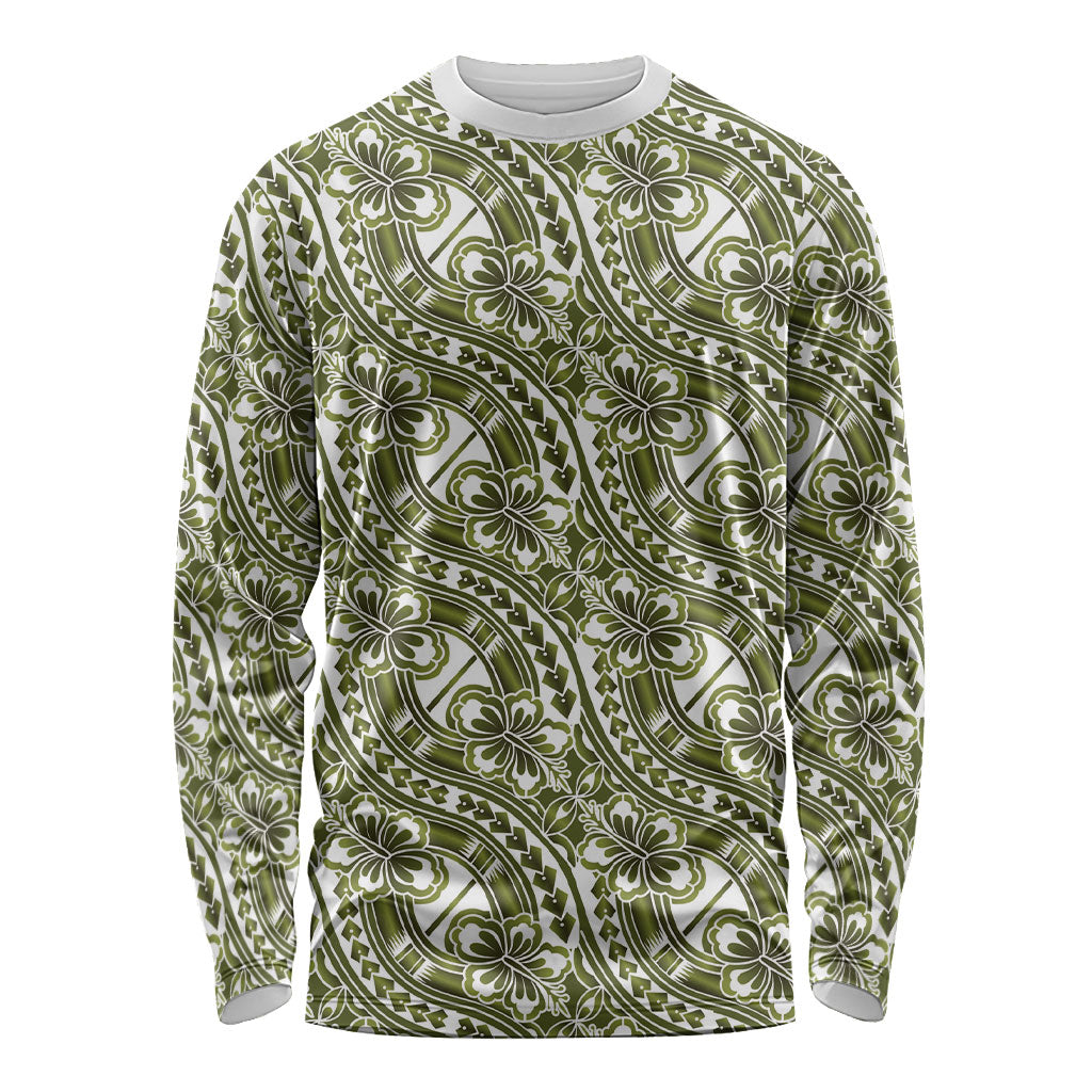 Hibiscus Bloom Island Tribal Waves Long Sleeve Shirt Olive Green Polynesian Pattern