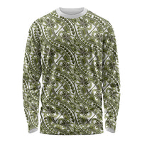 Hibiscus Bloom Island Tribal Waves Long Sleeve Shirt Olive Green Polynesian Pattern
