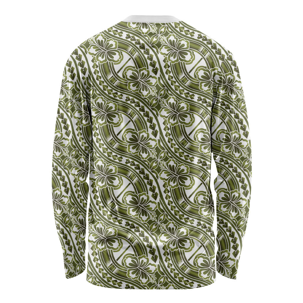 Hibiscus Bloom Island Tribal Waves Long Sleeve Shirt Olive Green Polynesian Pattern