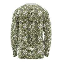 Hibiscus Bloom Island Tribal Waves Long Sleeve Shirt Olive Green Polynesian Pattern