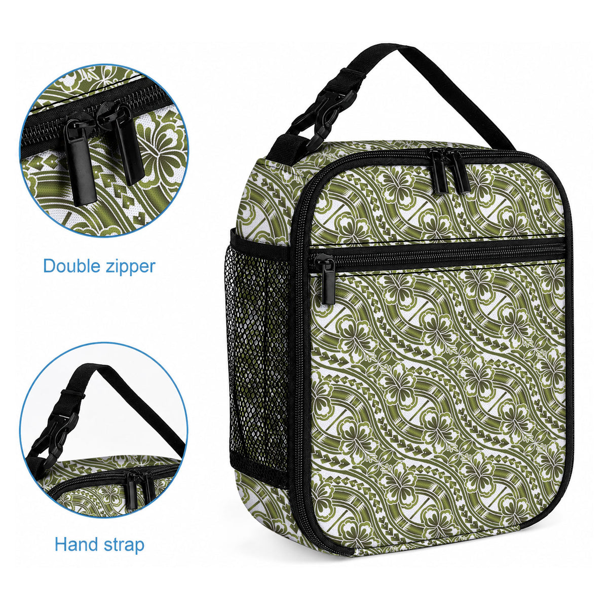 Hibiscus Bloom Island Tribal Waves Lunch Bag Olive Green Polynesian Pattern LT01 - Polynesian Pride