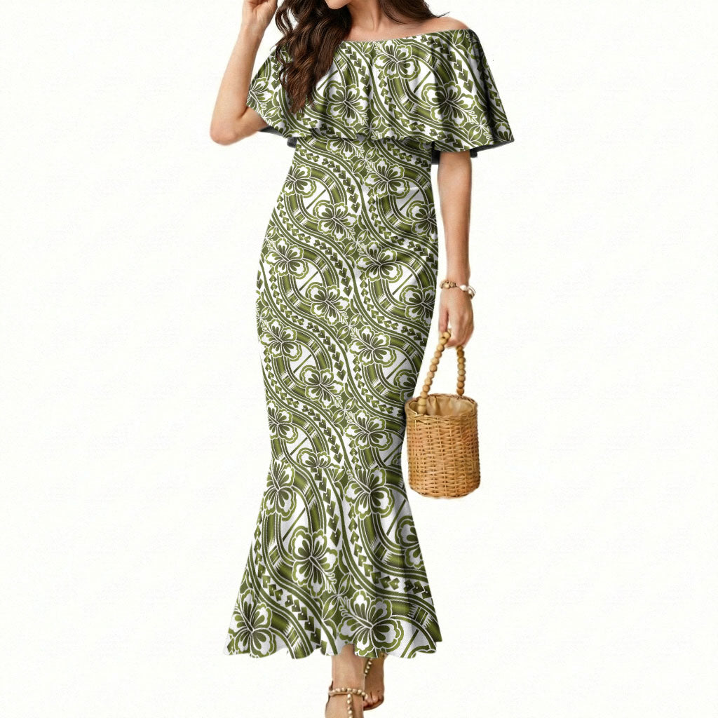 Hibiscus Bloom Island Tribal Waves Mermaid Dress Olive Green Polynesian Pattern