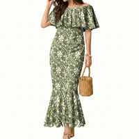 Hibiscus Bloom Island Tribal Waves Mermaid Dress Olive Green Polynesian Pattern