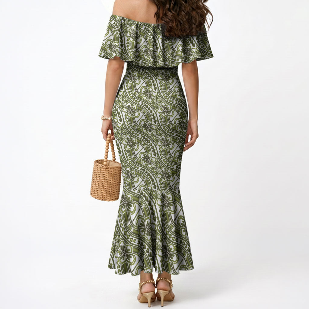 Hibiscus Bloom Island Tribal Waves Mermaid Dress Olive Green Polynesian Pattern