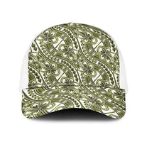 Hibiscus Bloom Island Tribal Waves Mesh Trucker Cap Olive Green Polynesian Pattern