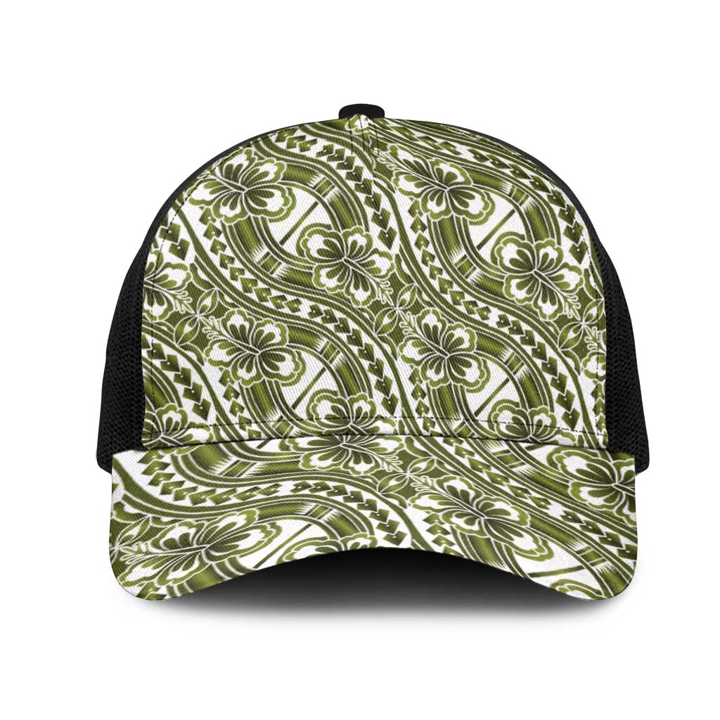 Hibiscus Bloom Island Tribal Waves Mesh Trucker Cap Olive Green Polynesian Pattern