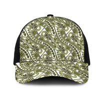 Hibiscus Bloom Island Tribal Waves Mesh Trucker Cap Olive Green Polynesian Pattern