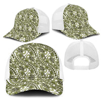 Hibiscus Bloom Island Tribal Waves Mesh Trucker Cap Olive Green Polynesian Pattern